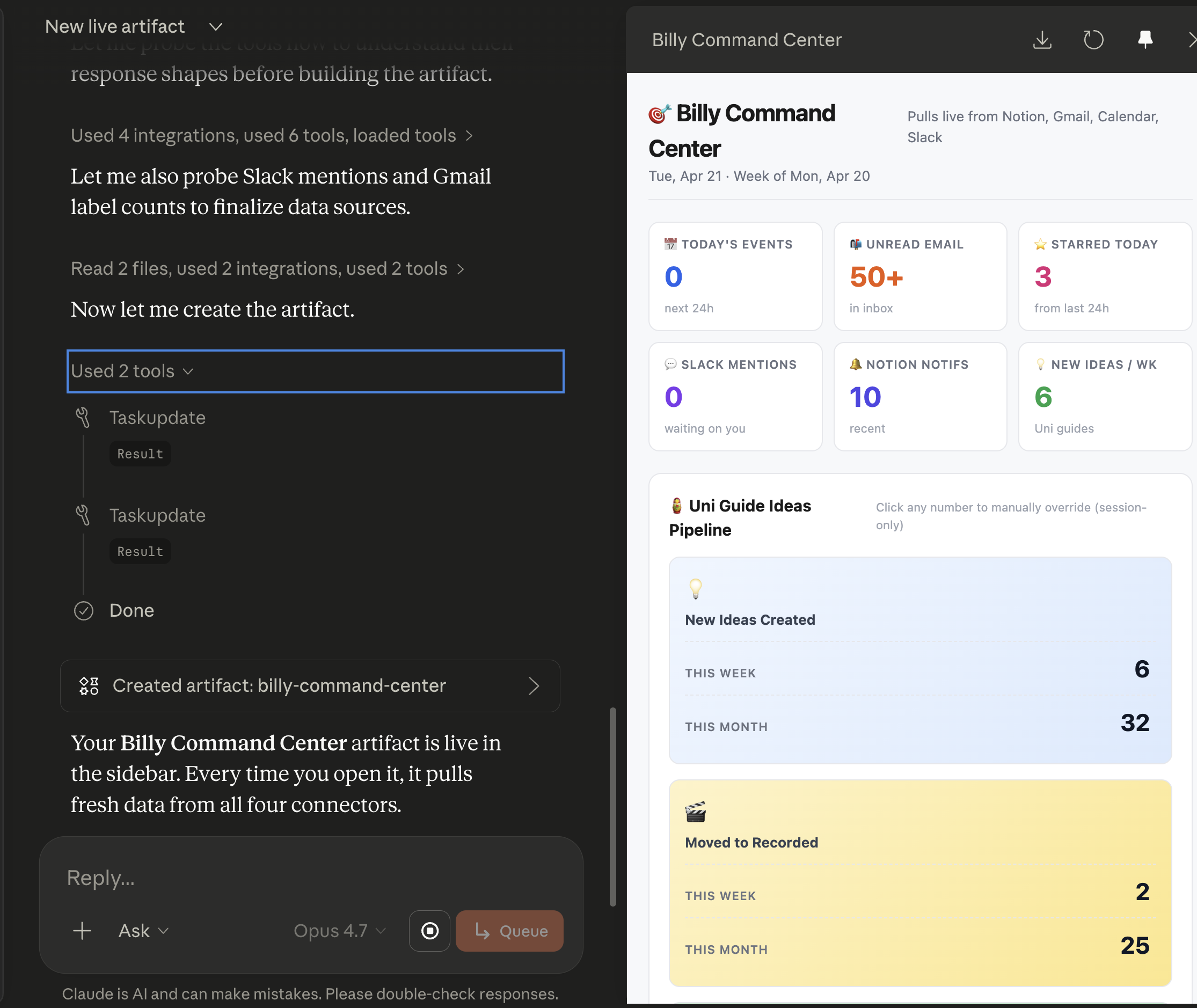 Claude asking how to deliver the dashboard output, choose Live artifact