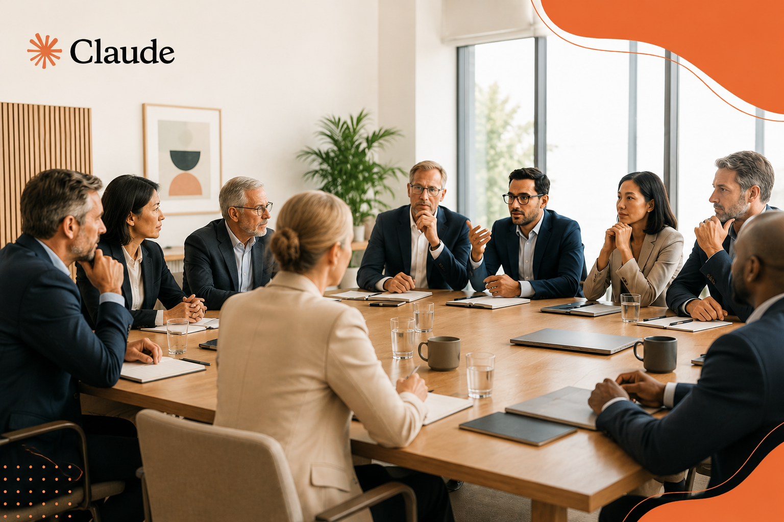 A boardroom of expert advisors around a table, representing the advisory board you can assemble with Claude Skills