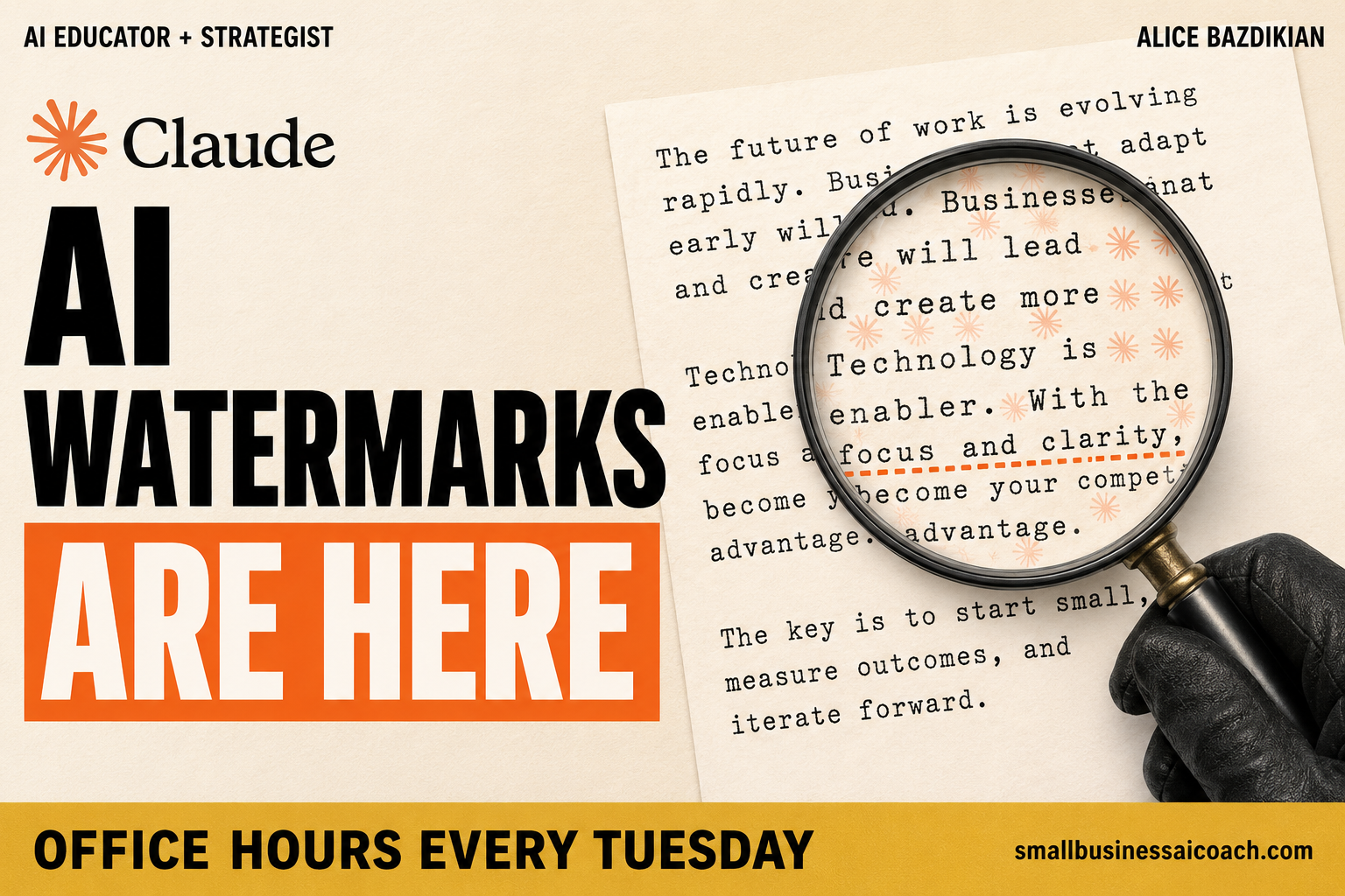 AI watermarks are here: a magnifying glass over typed text reveals hidden Claude starburst marks woven between the words