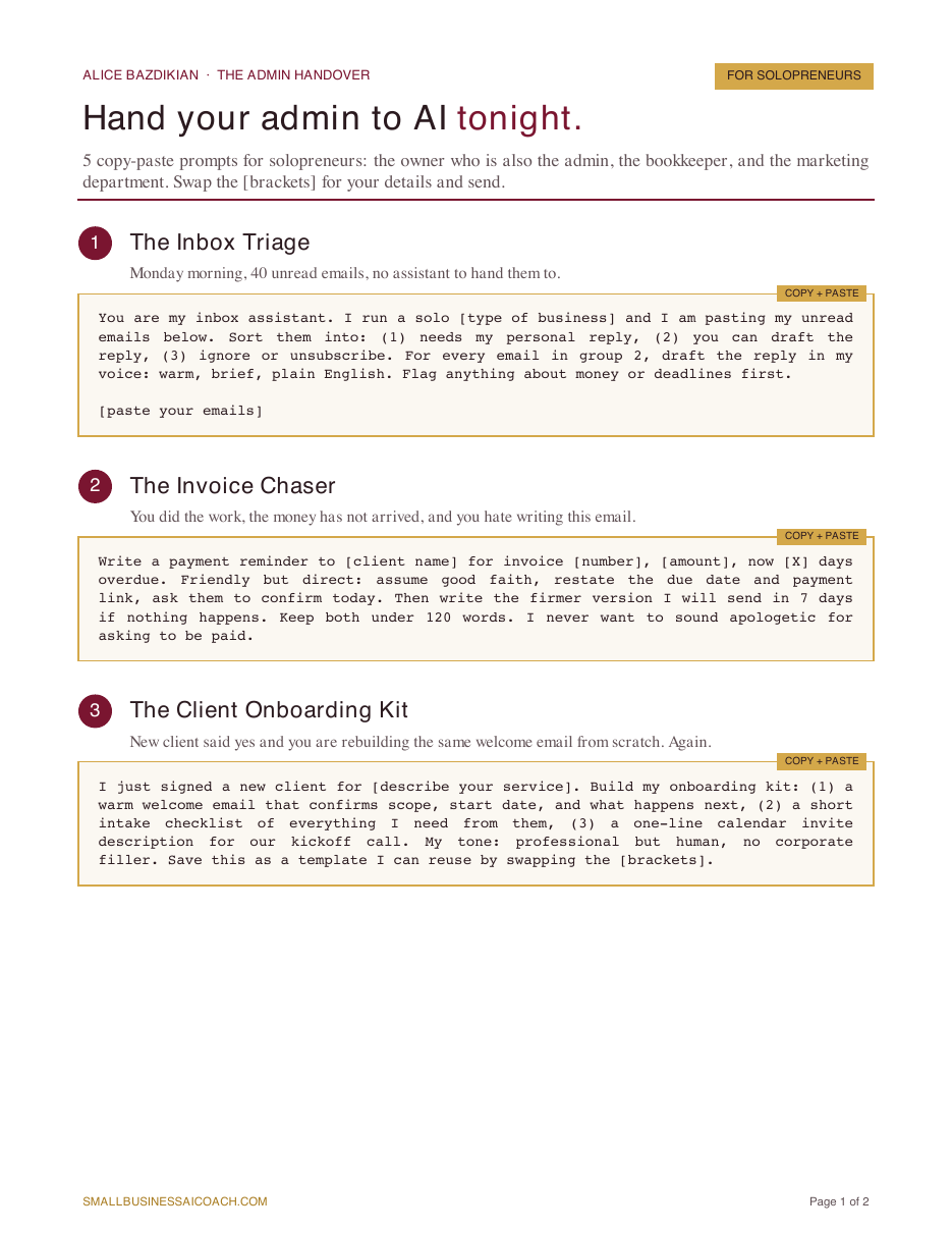 Page 1 of The Admin Handover PDF, showing the first three copy-paste prompts