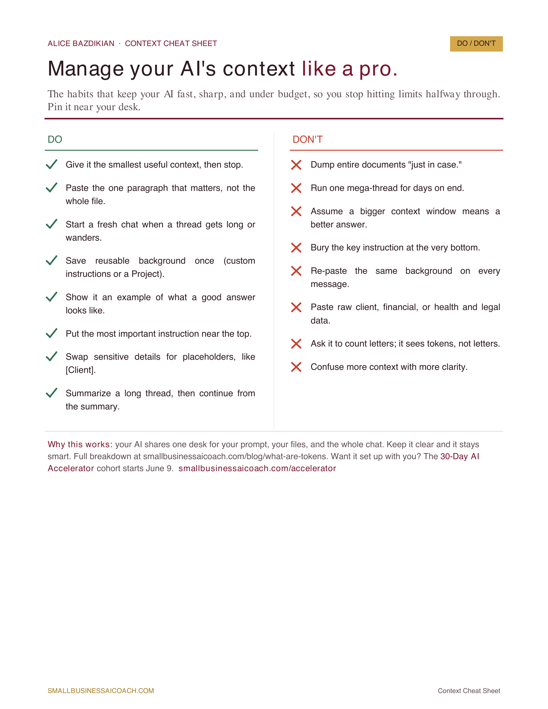 Preview of the one-page Context Management cheat sheet, a DO and DON'T list for managing your AI's context.