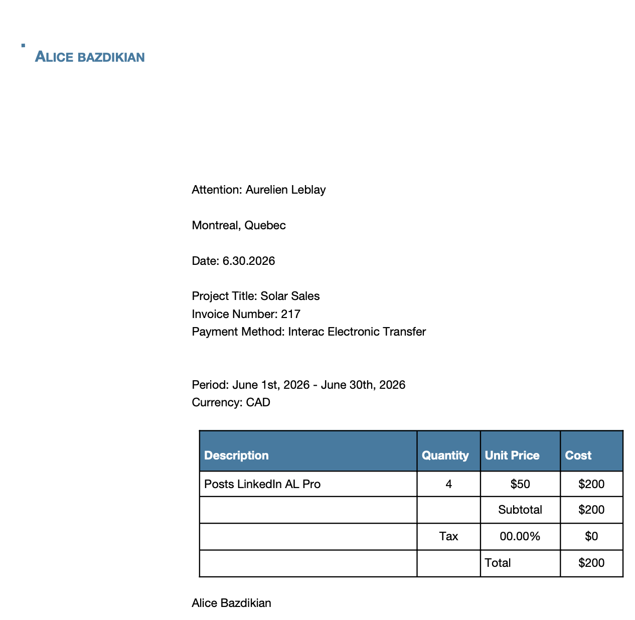 A finished client invoice Claude drafted: client, project, line items, subtotal, tax, and total, formatted and ready to send