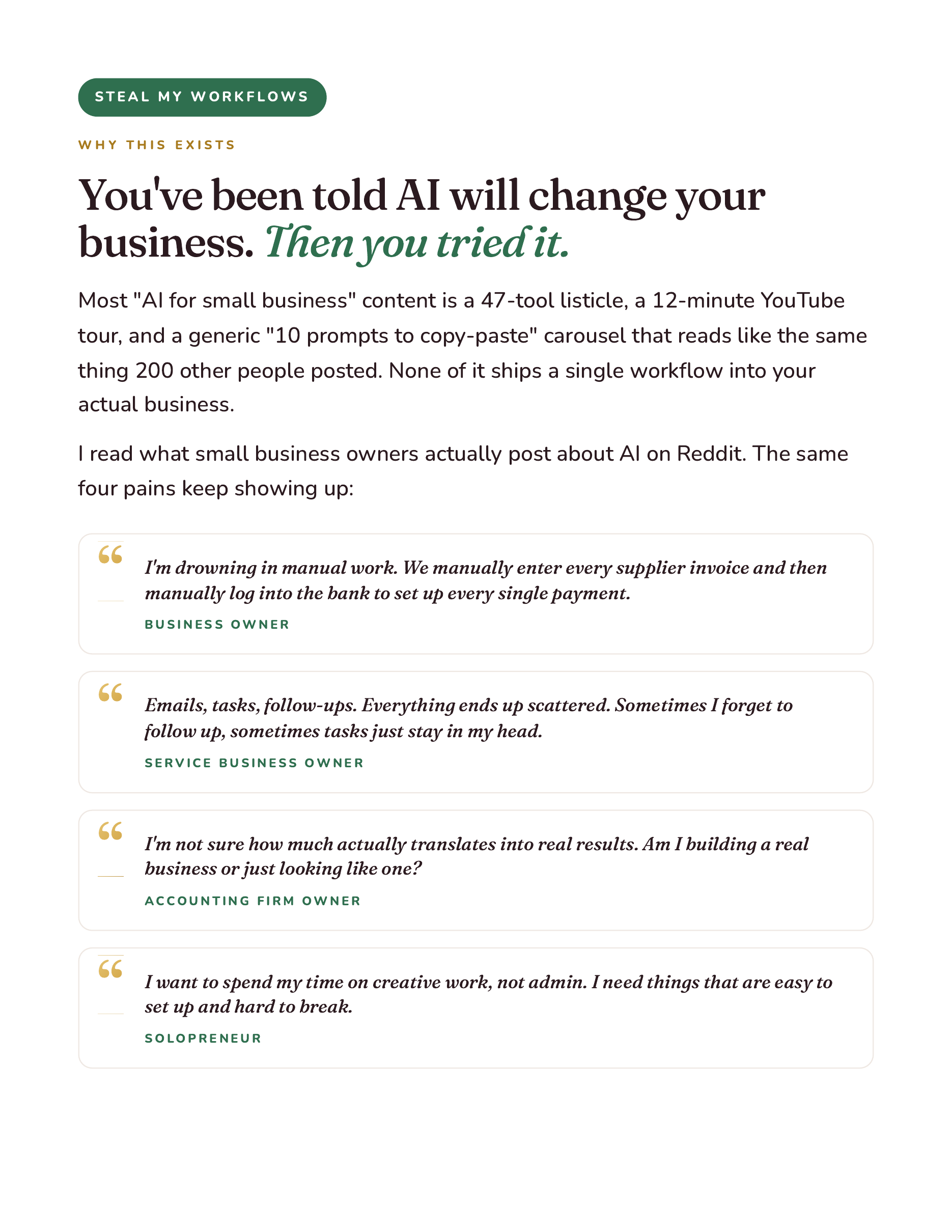 Why this exists, intro page with the 4 pains owners actually post about on Reddit