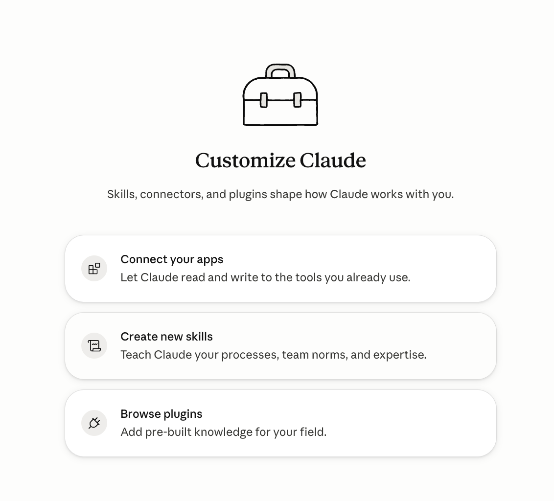 The Customize Claude screen in Claude Cowork showing Connect your apps, Create new skills, and Browse plugins