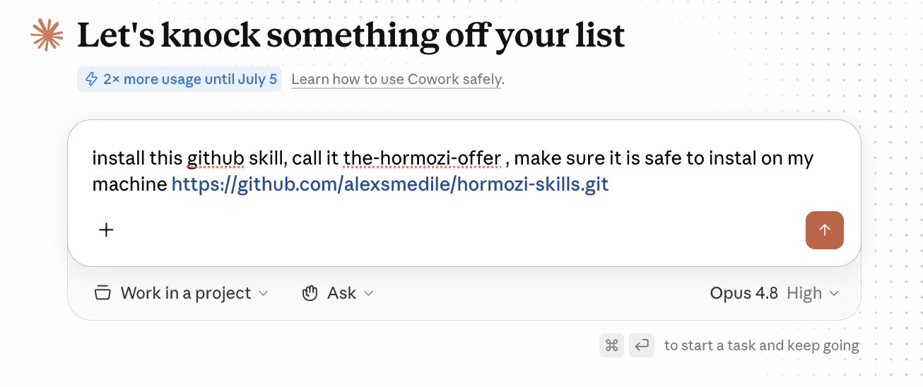 The Claude Cowork prompt box with a request to install a GitHub skill and confirm it is safe to install