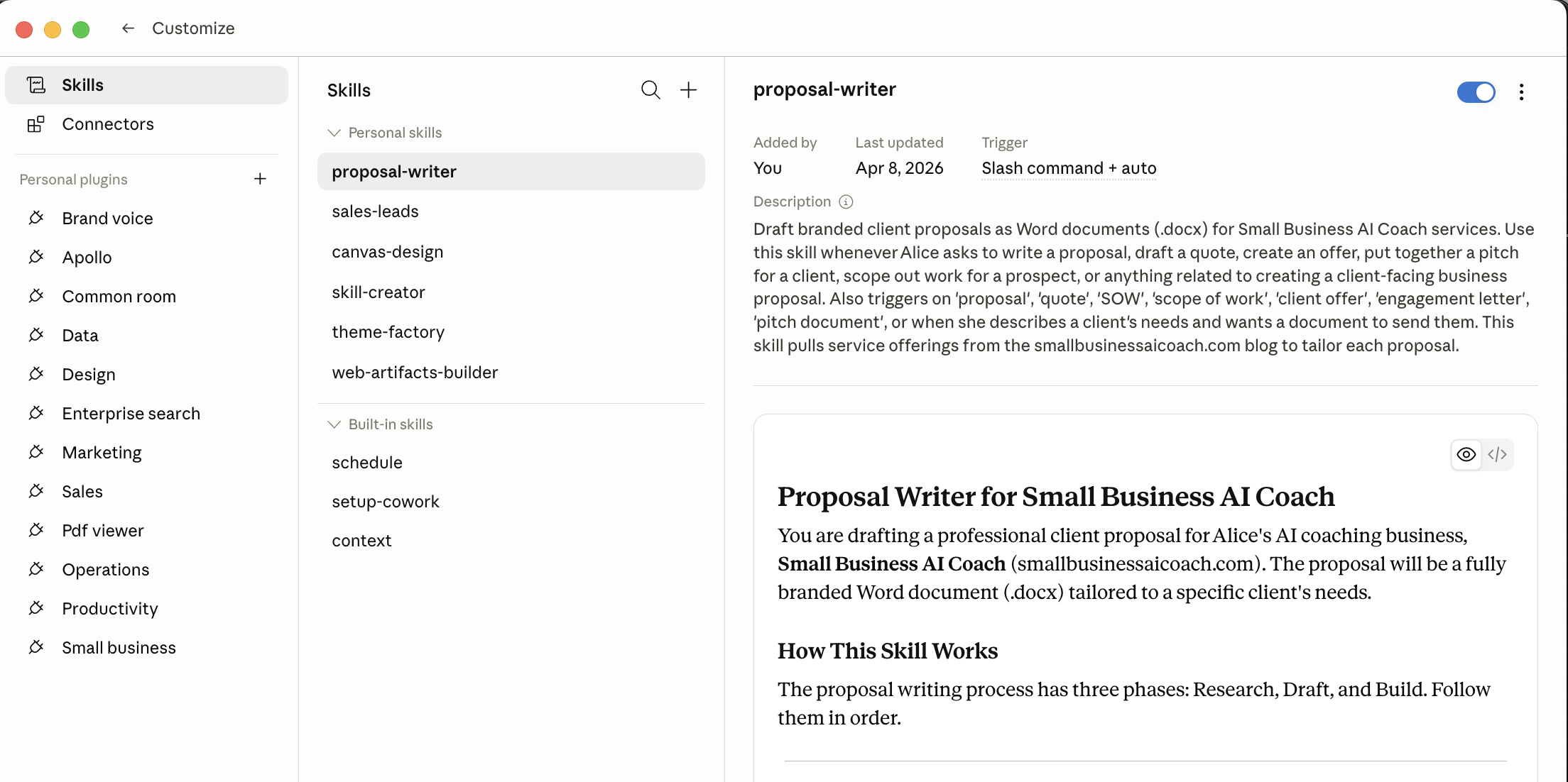 The Skills panel in Claude Cowork showing Personal skills and Built-in skills, with a proposal-writer skill open and toggled on
