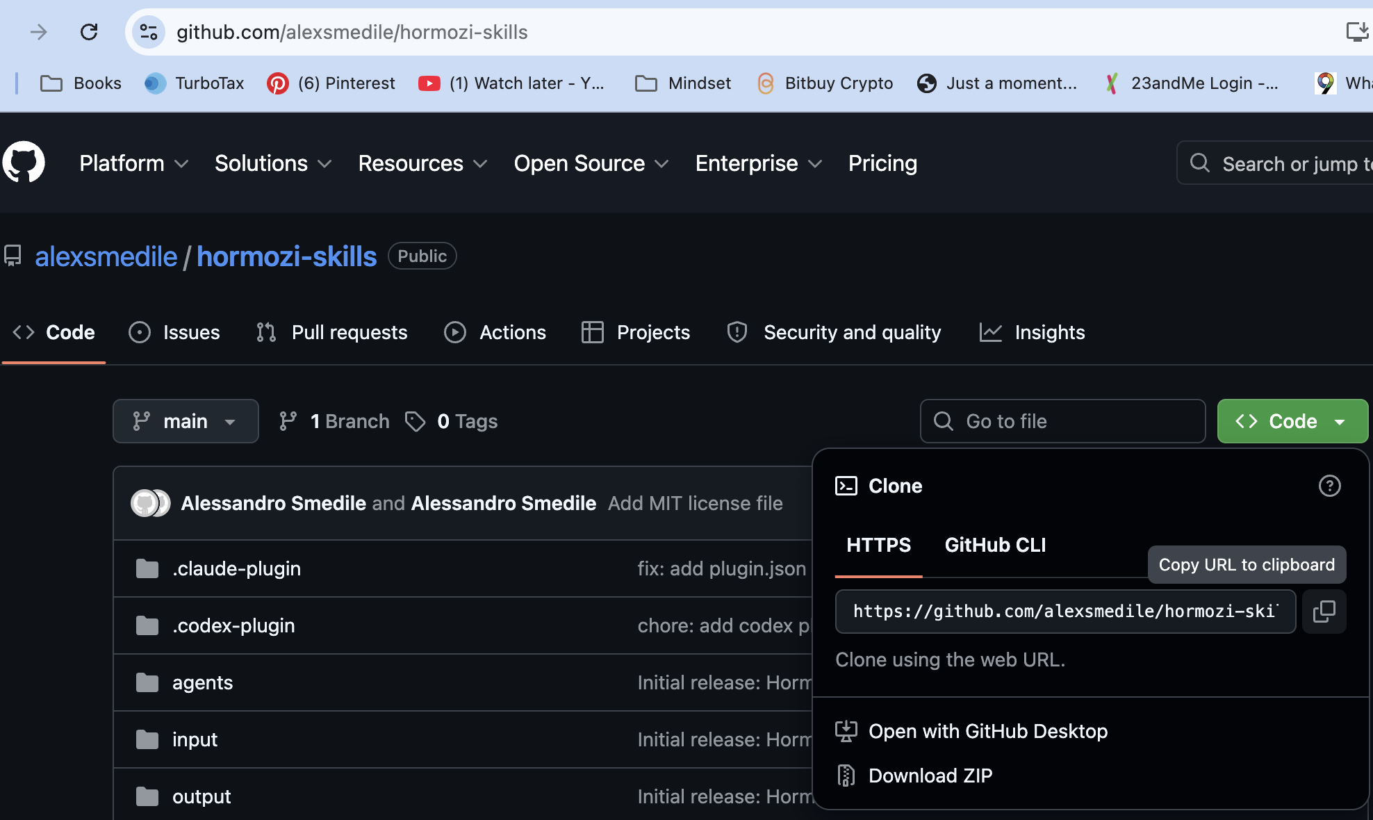 A GitHub repository with the green Code button open, showing the HTTPS clone URL and Copy URL to clipboard