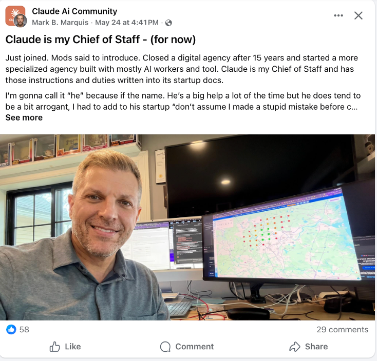 A small business owner's list of what he does with AI daily: sales, marketing, admin, documents, analysis, revenue growth, financial coaching, and app creation