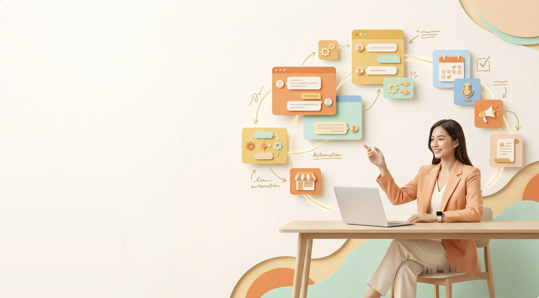 A business owner at her laptop, surrounded by the tasks AI can take off her plate